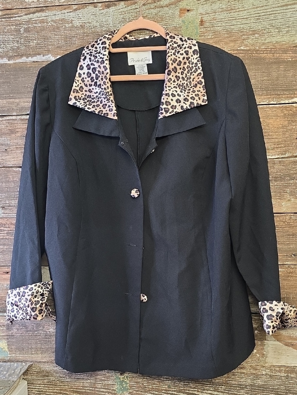 Pride & Joy Black Jacket with Leopard Print Collar and Cuffs, Size 20W